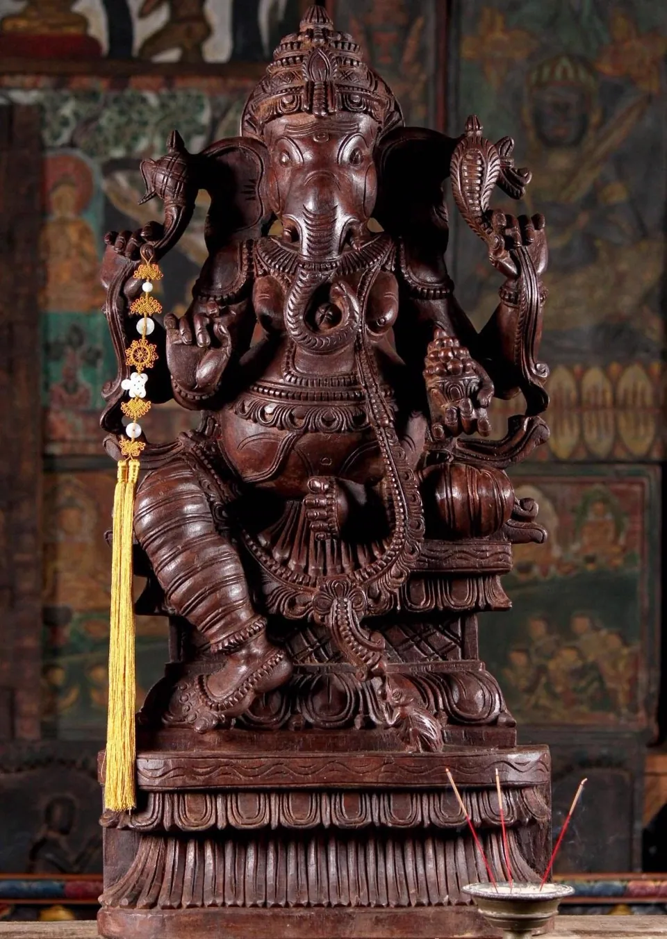 Hand-carved wooden Ganesha statue Malaysia, seated posture for home altar