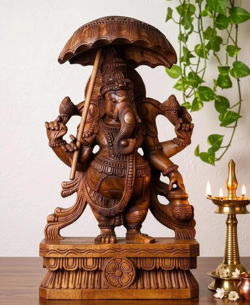 ROYAL WOODEN GANAPATHY WITH UMBRELLA