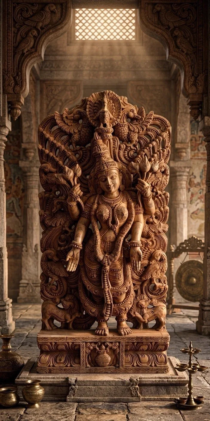 Hand-carved wooden Lakshmi statue Malaysia with peacock detailing