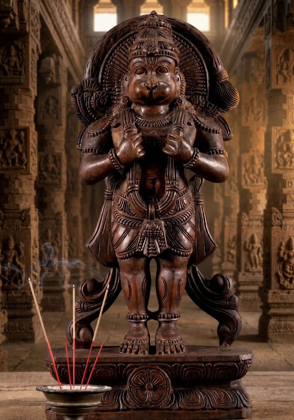Hand-carved wooden Hanuman statue Malaysia in solid hardwood