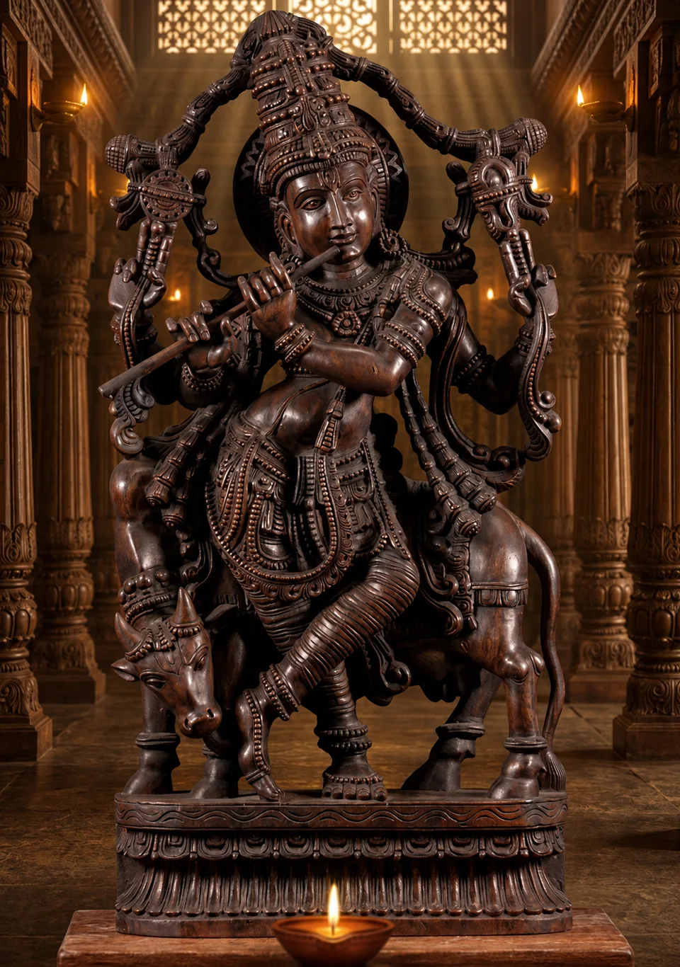 Wooden Krishna statue Malaysia with flute, hand-carved finish