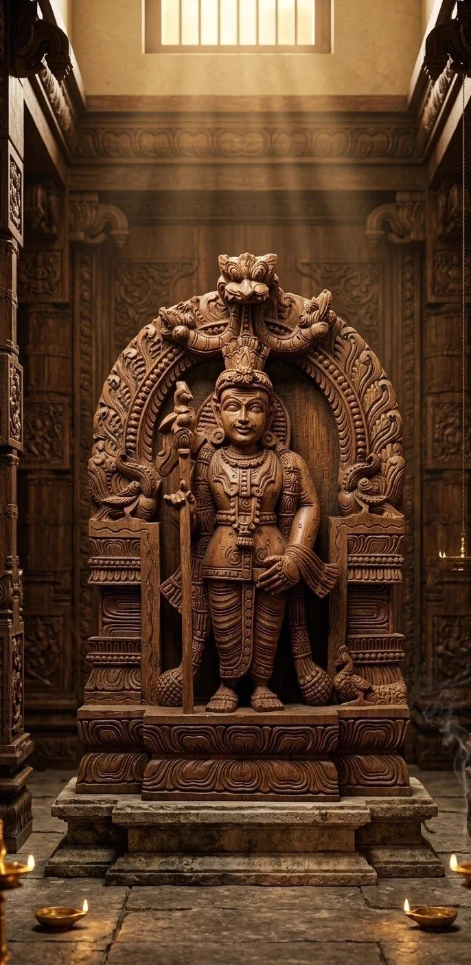 Wooden Murugan statue Malaysia with vel, Raja Alangaram style