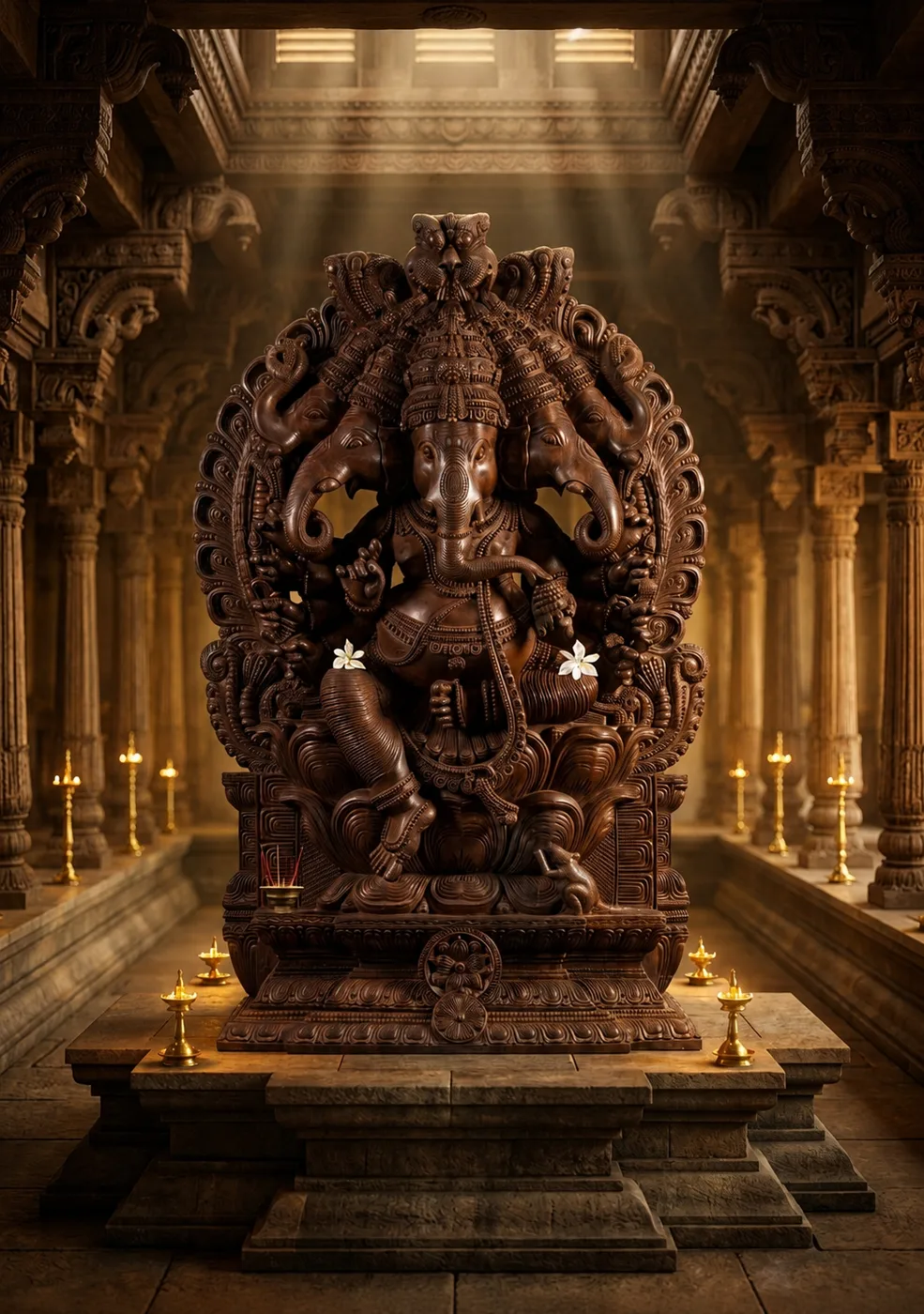 Wooden Panchamukha Ganesha statue Malaysia, five-faced hand-carved murti