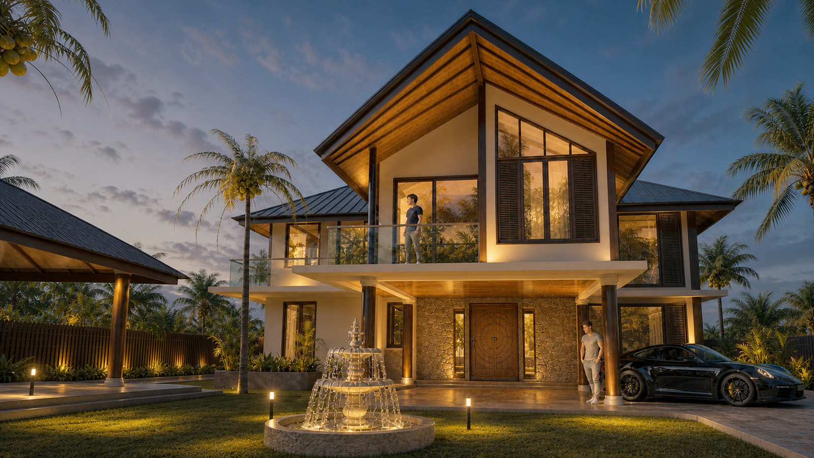 Luxury bungalow renovation at dusk with warm facade lighting, timber-lined eaves, glass balcony and landscaped garden — home renovation by Winss Enterprise, Bukit Beruntung