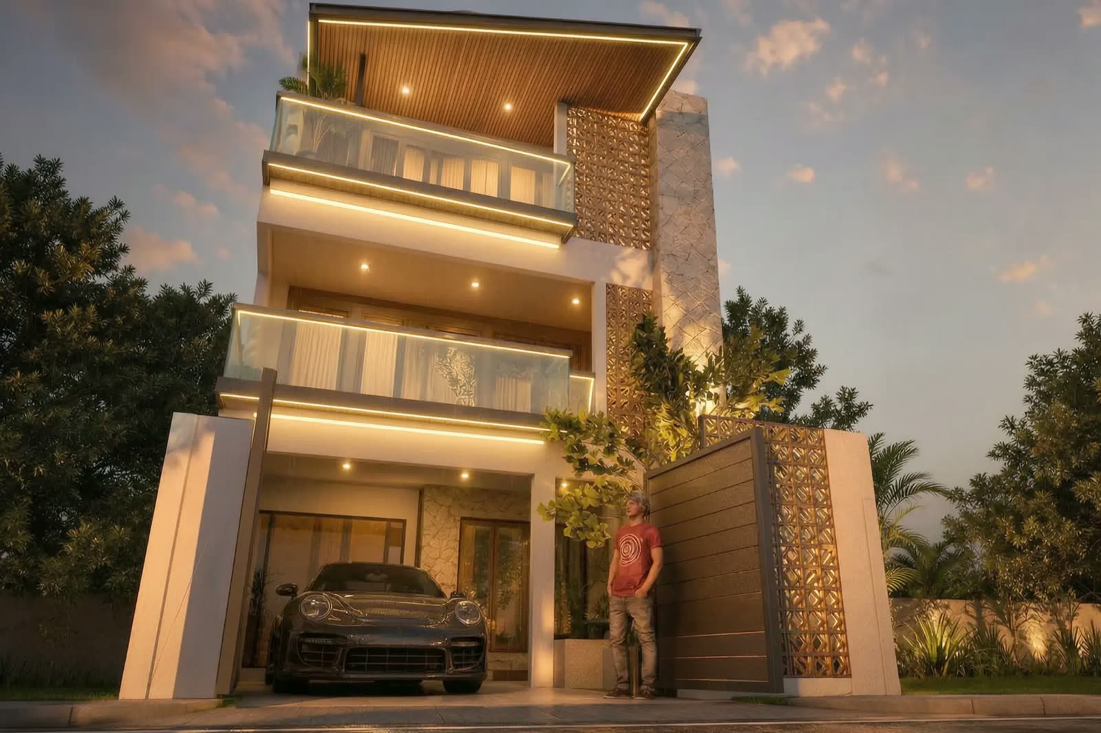Three storey modern home exterior with LED-lit balcony bands, decorative breeze-block screen and stone feature wall — residential renovation by Winss Enterprise