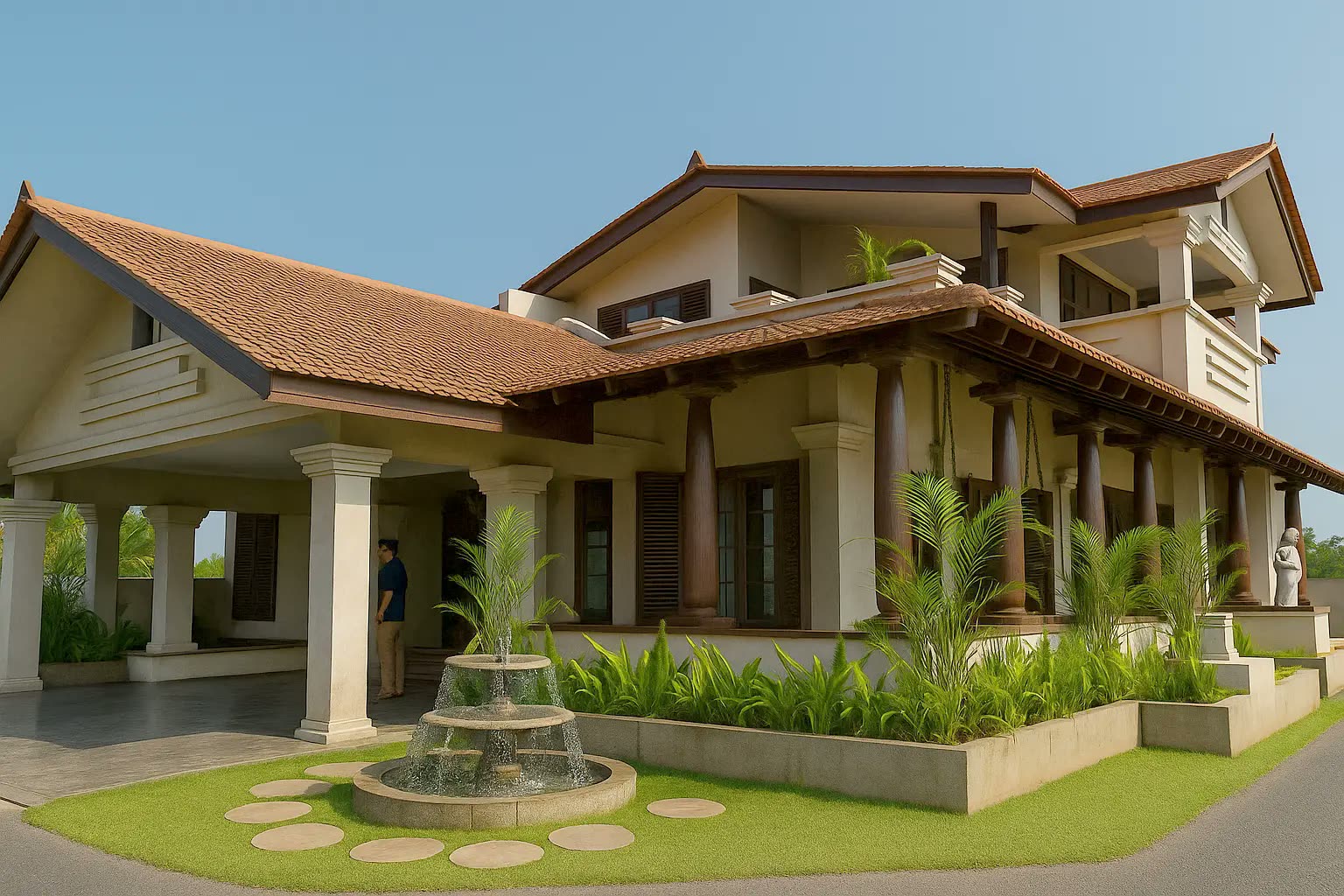 Colonial style bungalow with clay tile roof, timber verandah pillars and fountain garden — bungalow renovation by Winss Enterprise, Seremban