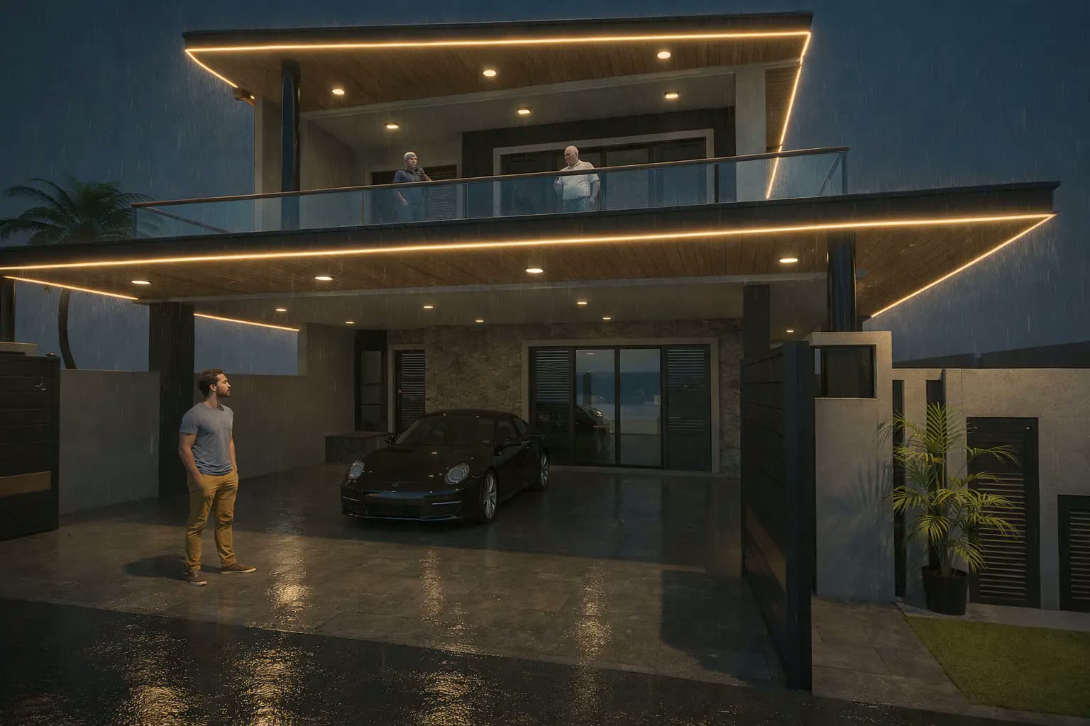 Modern home exterior at night with cantilevered porch, cove LED lighting and timber soffit ceiling — residential renovation Perak by Winss Enterprise, Ipoh