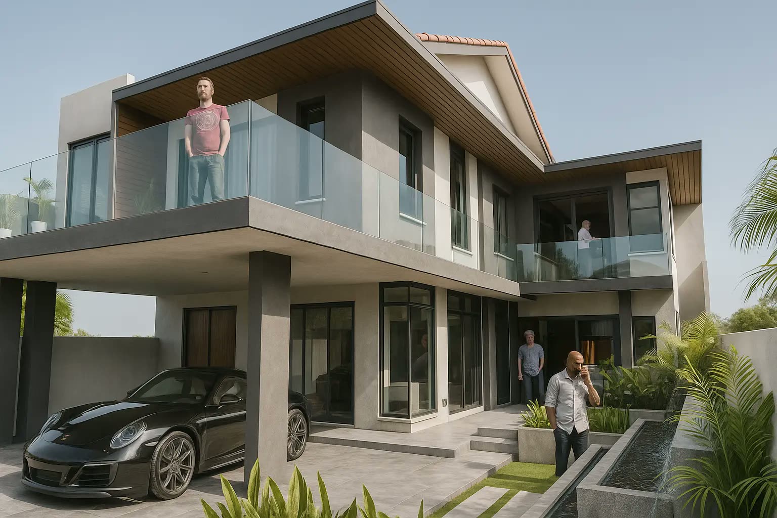 Contemporary double storey house with glass balustrade balcony, timber soffit and water feature entrance — home renovation Ipoh by Winss Enterprise, Lahat Mines Perak