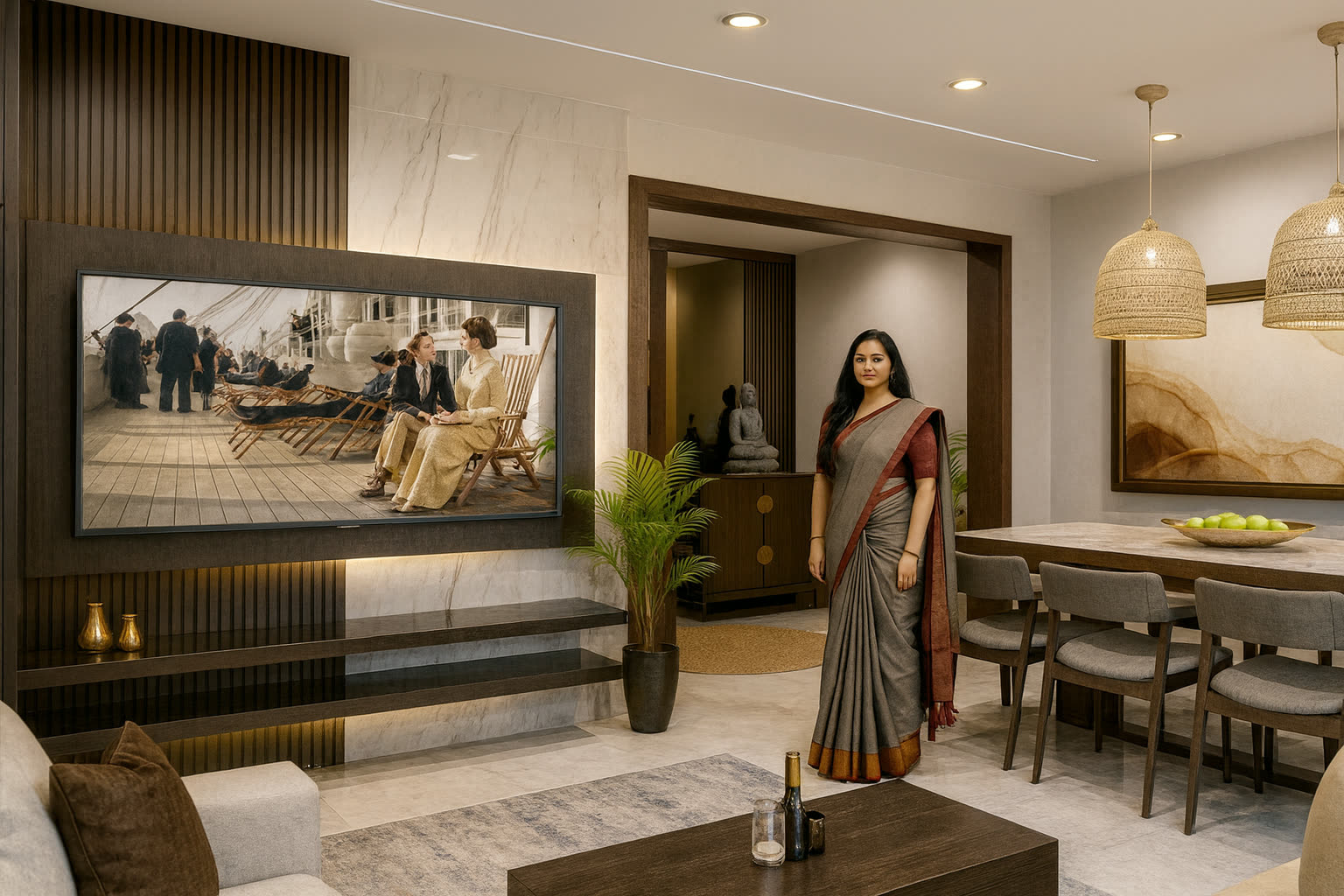 Living hall renovation with fluted timber TV feature wall, marble cladding and open dining with rattan pendants — residential interior by Winss Enterprise, Setapak