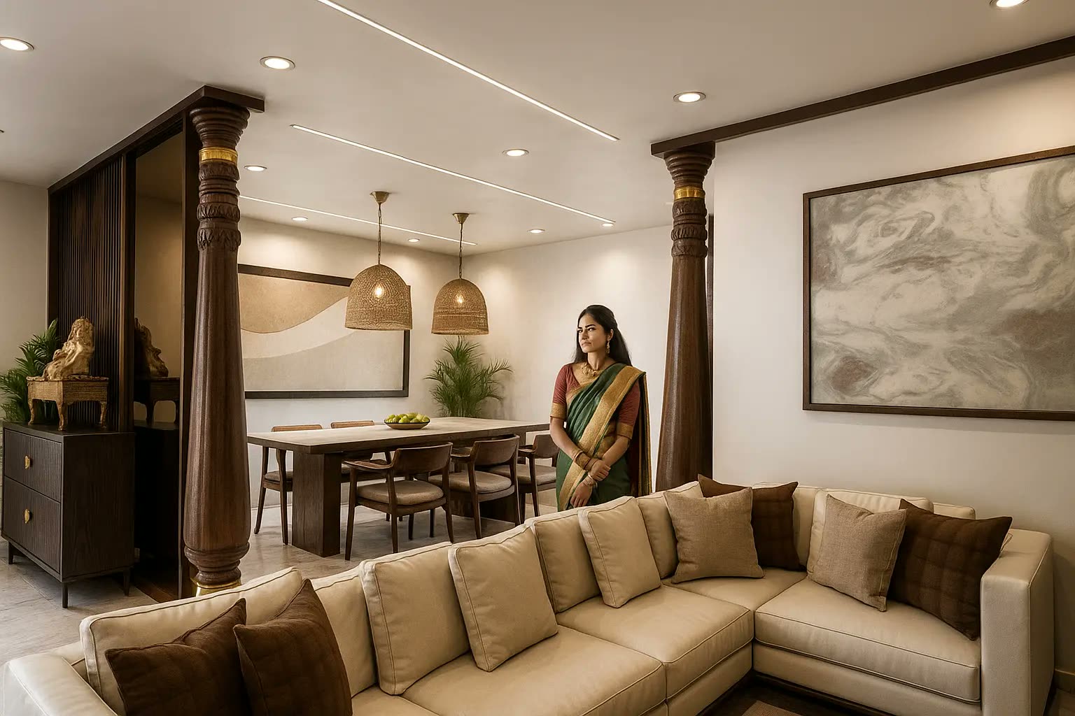Residential living and dining hall with carved timber pillars, altar partition and rattan pendant lights — home renovation by Winss Enterprise, Kampar Perak