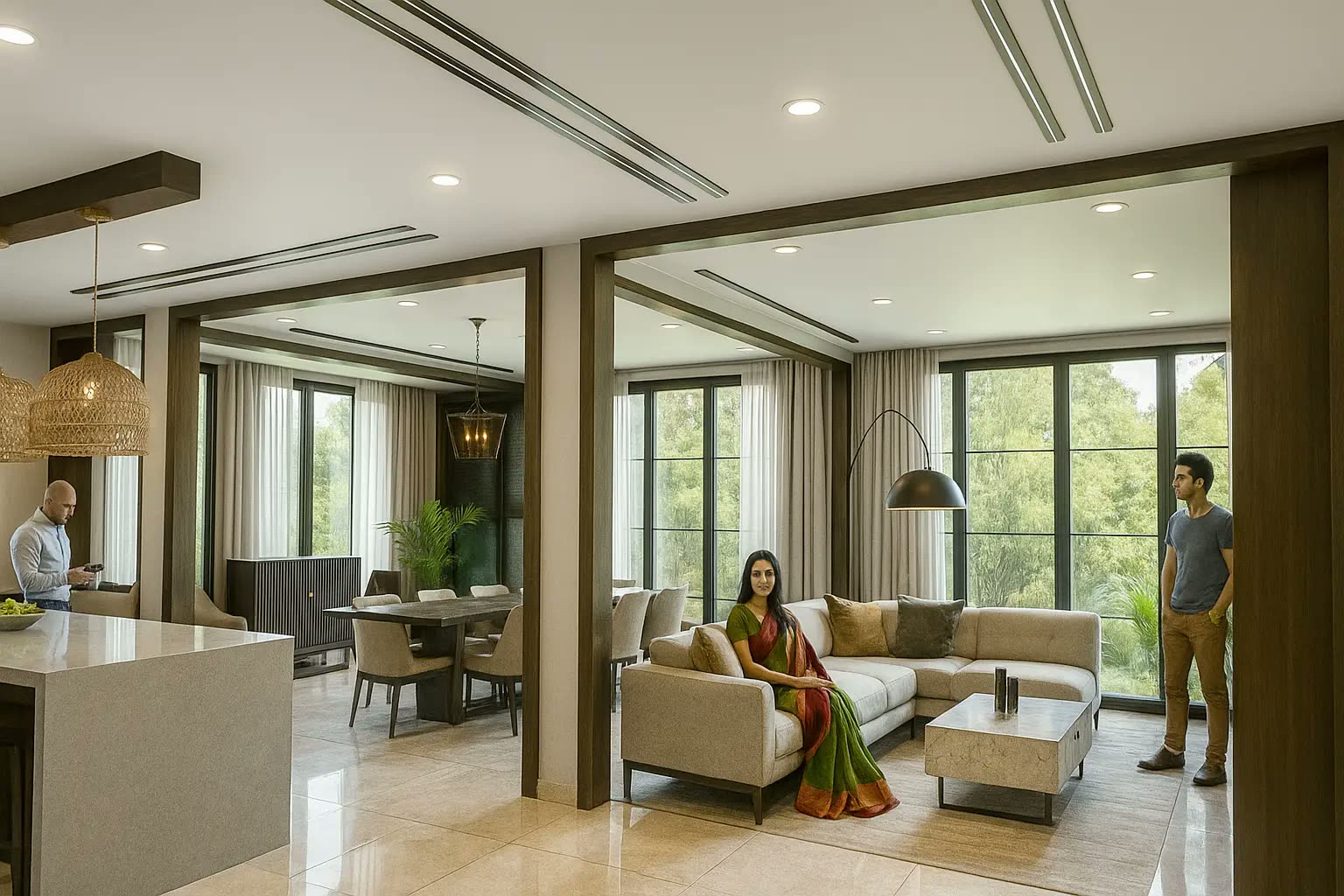 Open plan bungalow living, dining and kitchen with timber portal frames, full-height windows and marble island — bungalow renovation Ipoh by Winss Enterprise, Meru Perak