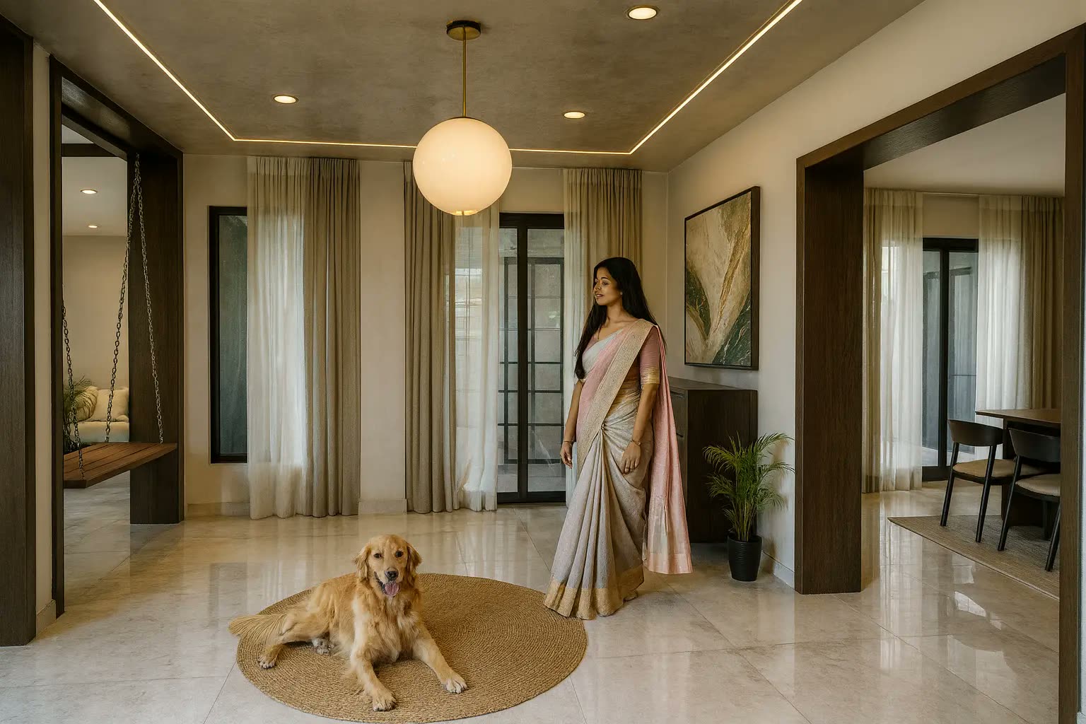 Marble-floored foyer and living hall with timber portal openings, globe pendant light and timber swing seat — residential renovation Perak by Winss Enterprise, Pusing Ipoh