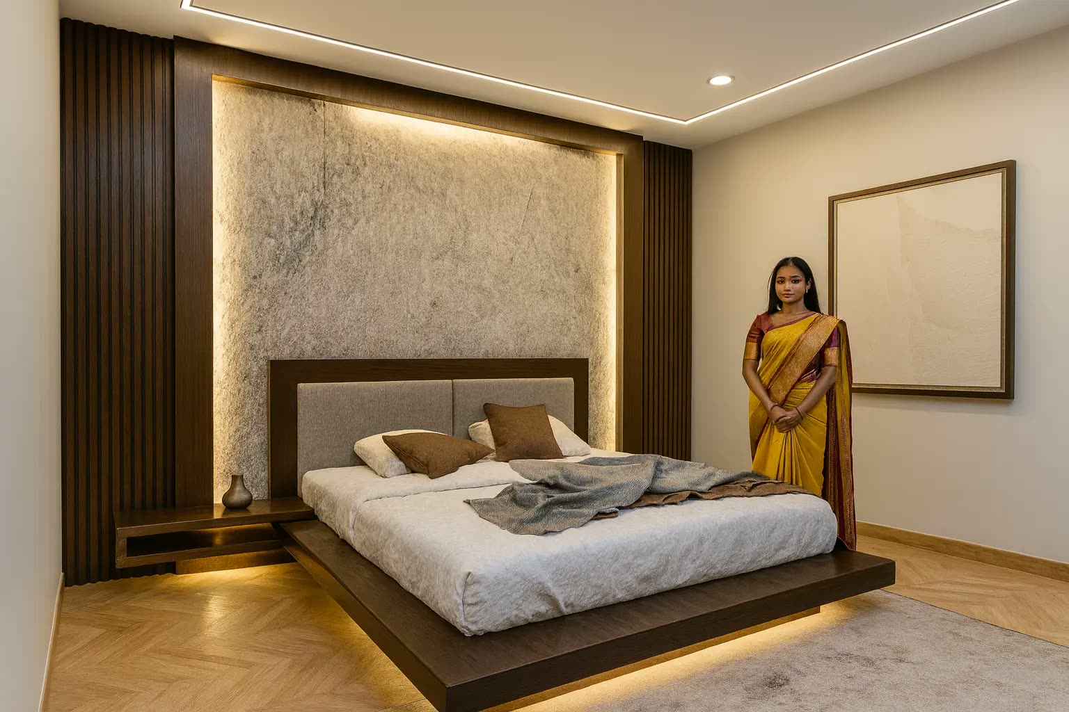 Modern master bedroom with backlit stone headboard wall, fluted timber panelling, floating platform bed and herringbone timber flooring — residential renovation Perak by Winss Enterprise, Pusing