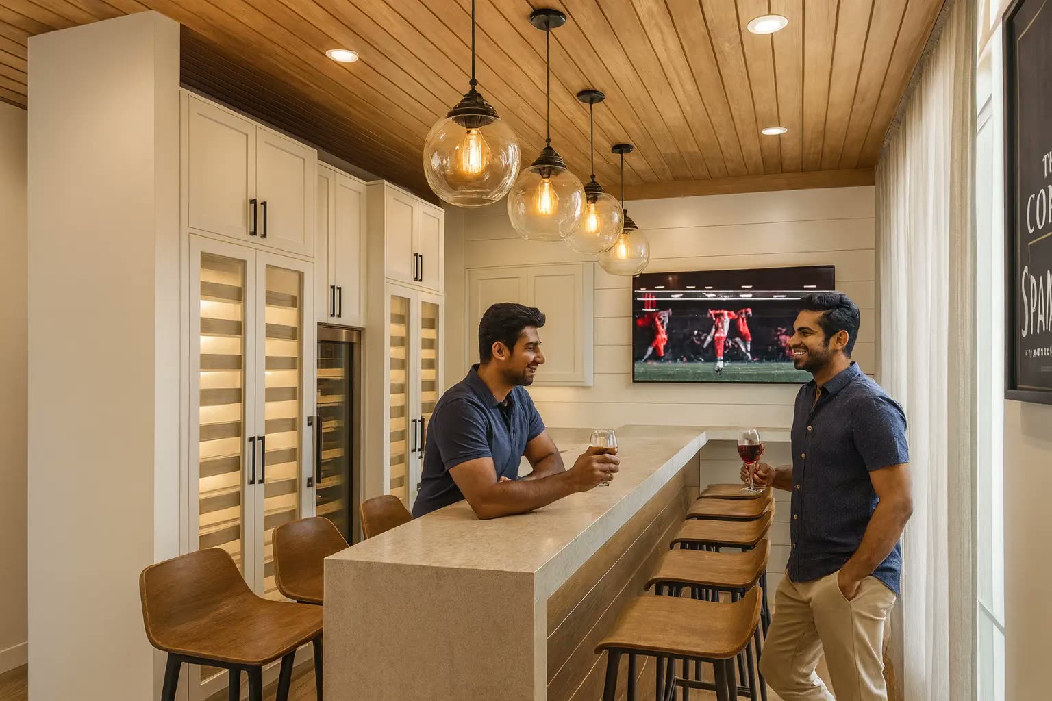 Home bar renovation with stone-top counter, glass globe pendant lights, timber ceiling and lit wine display cabinets — residential renovation Perak by Winss Enterprise, Pusing