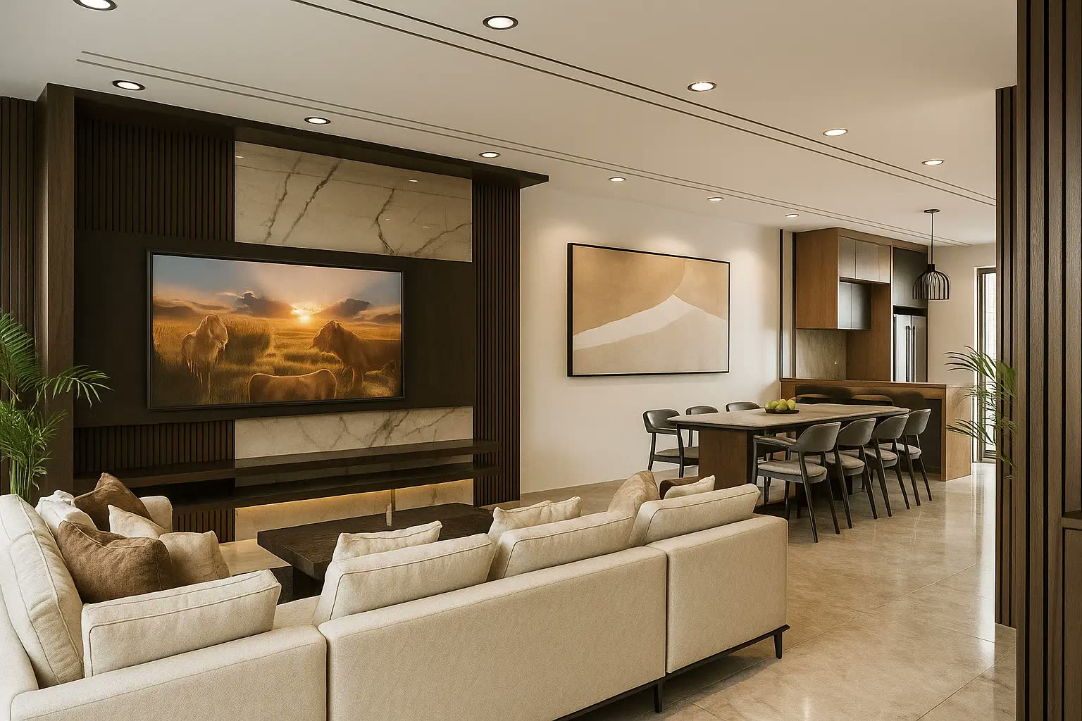 Living hall with fluted dark timber and marble TV feature wall, sectional sofa and open dining beyond — home renovation interior by Winss Enterprise, Sendayan