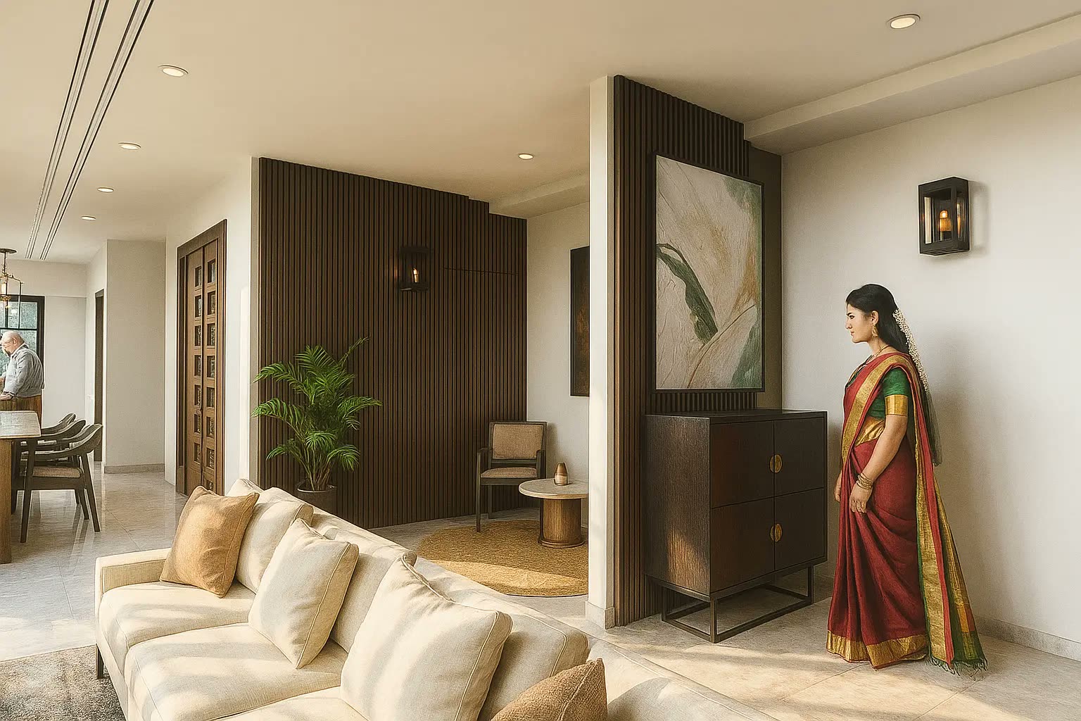 Open living space with dark timber slat partition walls, marble flooring, carved timber doors and lantern wall lights — residential renovation by Winss Enterprise, Sendayan