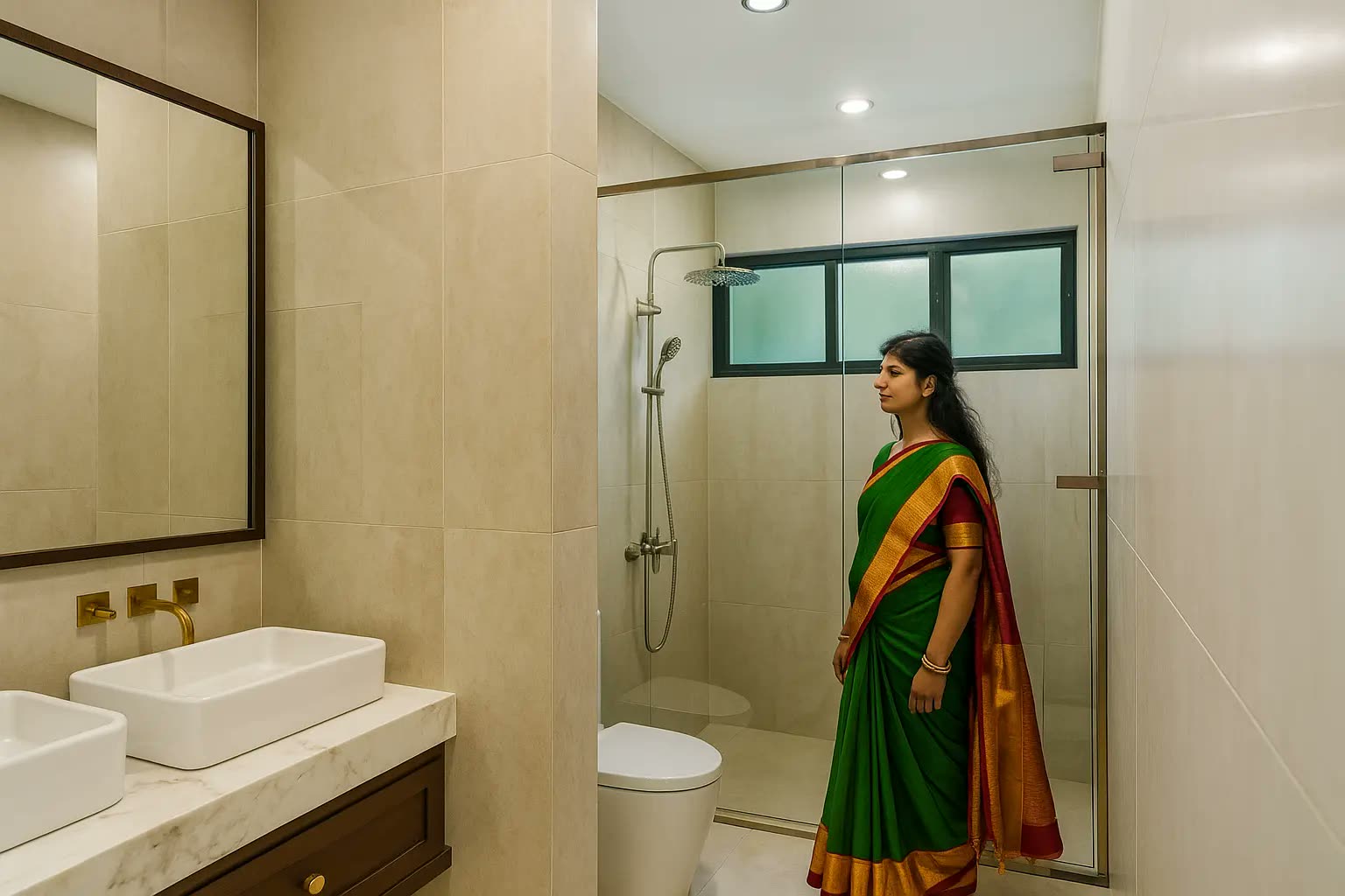 Bathroom renovation with twin vessel basins on marble vanity top, brass tapware, timber-framed mirror and glass rain shower — home renovation by Winss Enterprise, Sendayan
