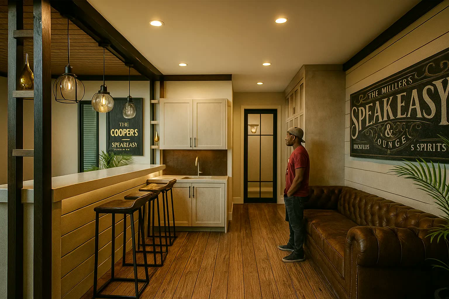 Basement speakeasy bar lounge with timber floors, cage pendant lights, shaker cabinetry and leather chesterfield sofa — residential renovation Perak by Winss Enterprise, Lahat Mines Ipoh