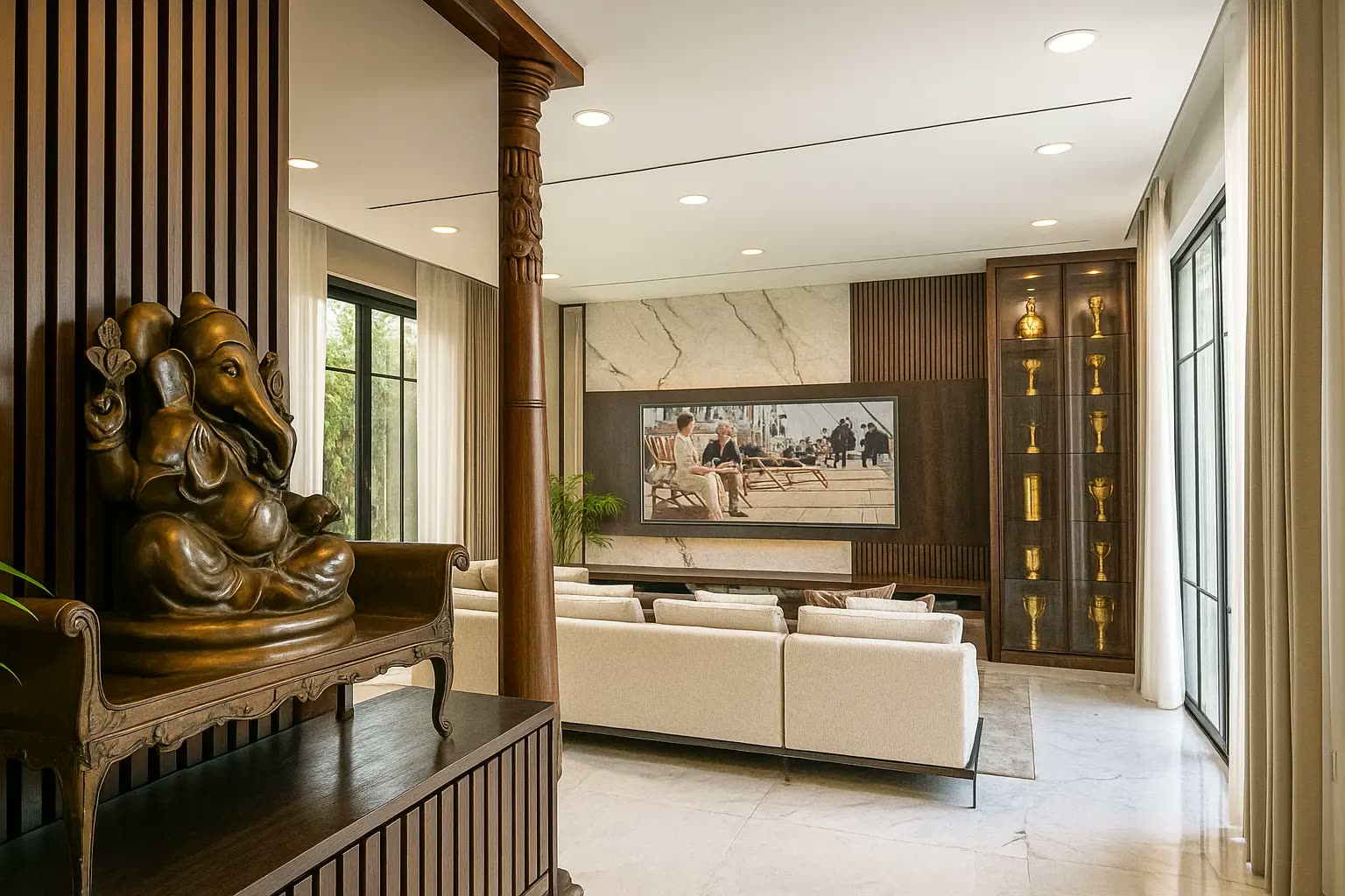 Living hall with carved timber pillar, bronze Ganesha statue on antique bench and brass trophy display cabinet — home renovation by Winss Enterprise, Kampar Perak