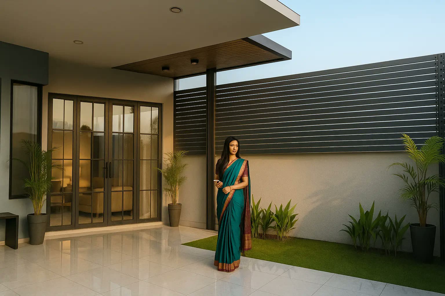 Modern porch courtyard with cantilevered timber soffit ceiling, black aluminium slat privacy screen, glass folding doors and lawn planter strip — residential renovation Perak by Winss Enterprise, Jalan Kuala Kangsar Ipoh