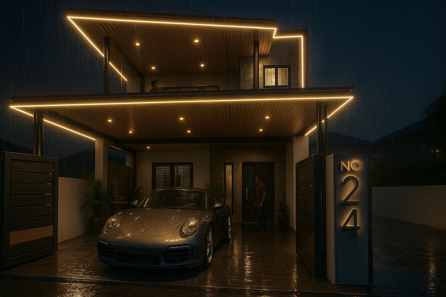 Modern home facade at night with cantilevered timber carport ceiling, LED strip trim lighting, stone entrance wall and illuminated house number — home renovation by Winss Enterprise, Setapak