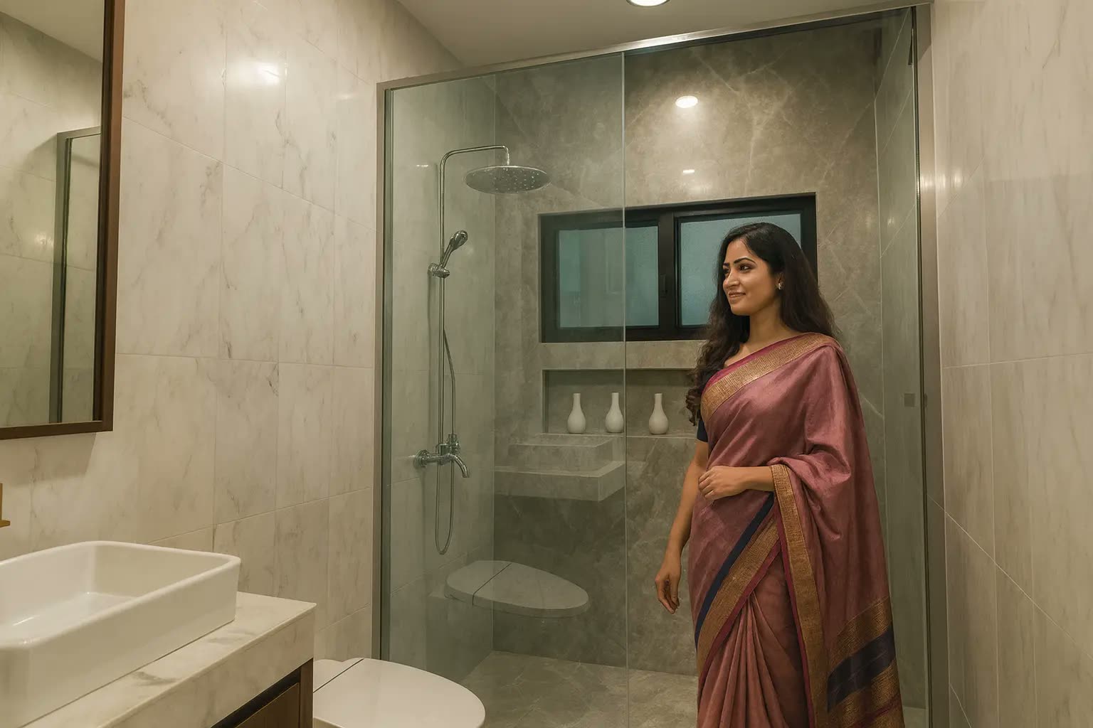 Bathroom renovation with marble-look wall tiles, frameless glass rain shower stall, built-in niche shelving and timber vanity with vessel basin — residential renovation by Winss Enterprise, Setapak