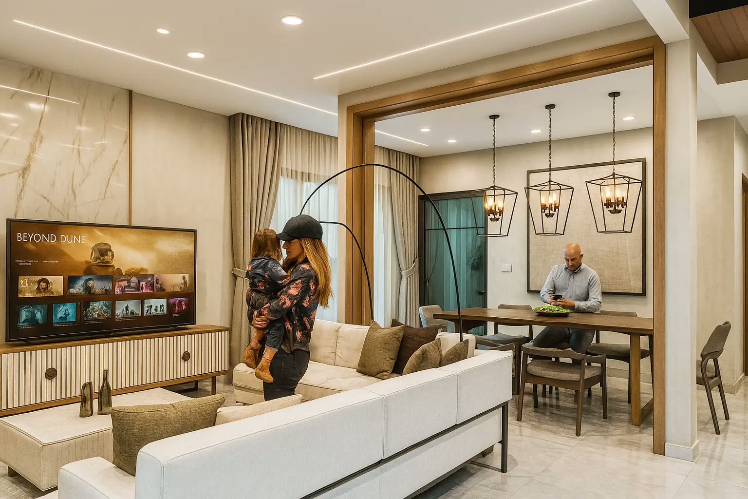 Open family living hall with marble TV feature wall, fluted timber console, cove lighting and timber portal frame to dining with lantern pendants — home renovation Perak by Winss Enterprise, Bidor