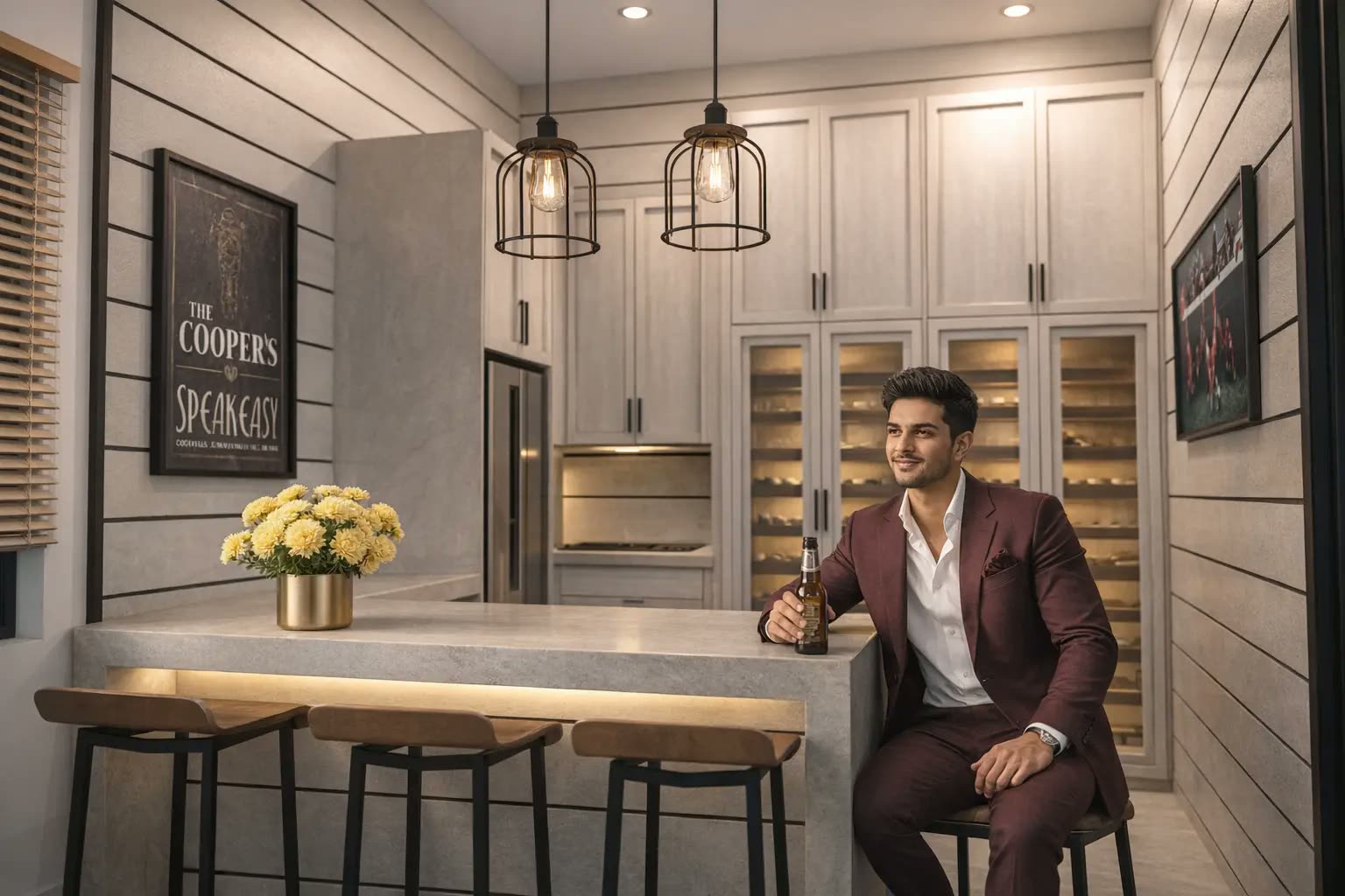 Bungalow home bar with stone-top counter, cage pendant lights, shiplap panelled walls and lit glass wine display cabinetry — bungalow renovation by Winss Enterprise, Cameron Highlands