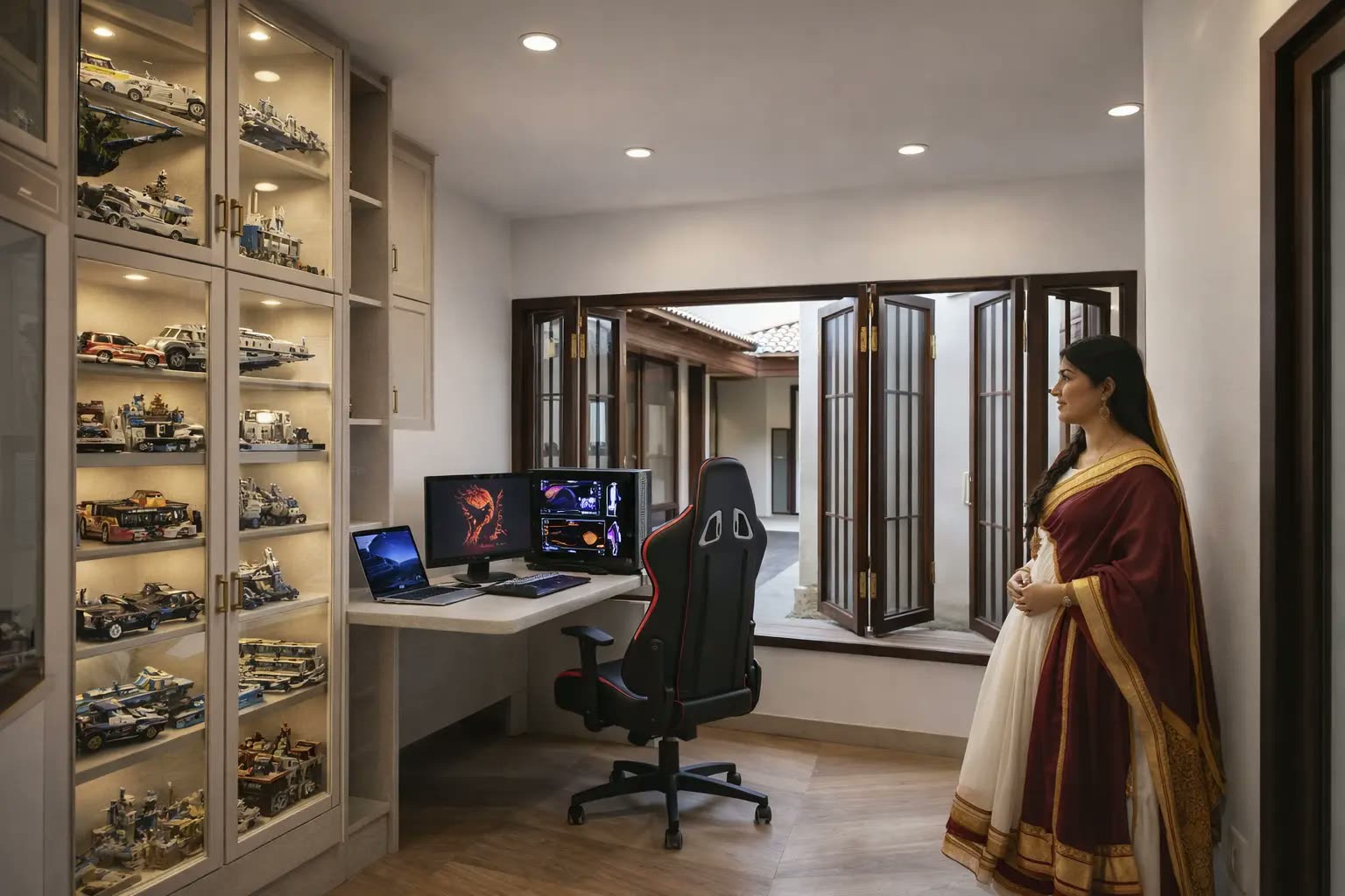 Home study nook with backlit glass display cabinets for model collection, built-in desk and timber bi-fold doors opening to courtyard — residential renovation by Winss Enterprise, Bangsar