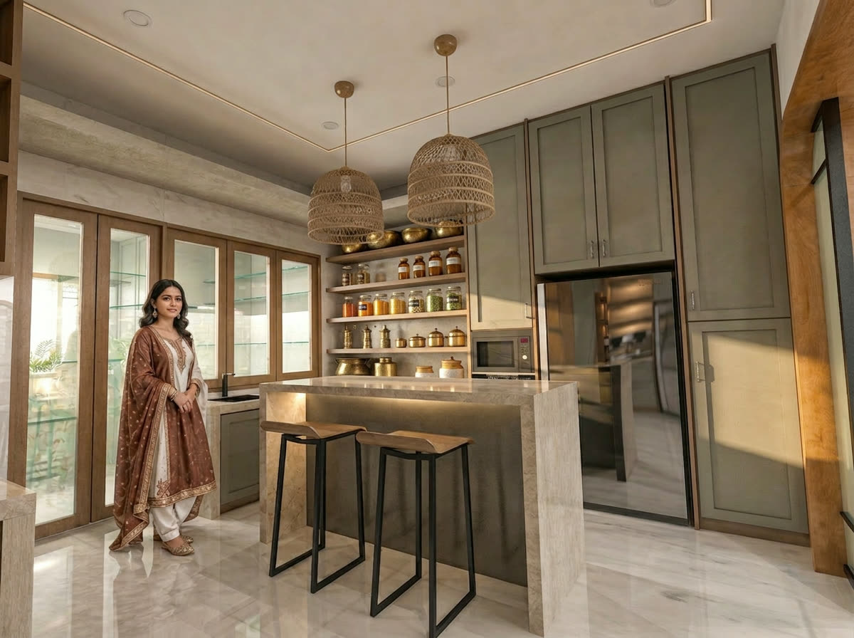 Island kitchen with sage green shaker cabinetry, stone waterfall island, rattan pendant lights, brass spice shelving and marble flooring — home renovation by Winss Enterprise, Bangsar