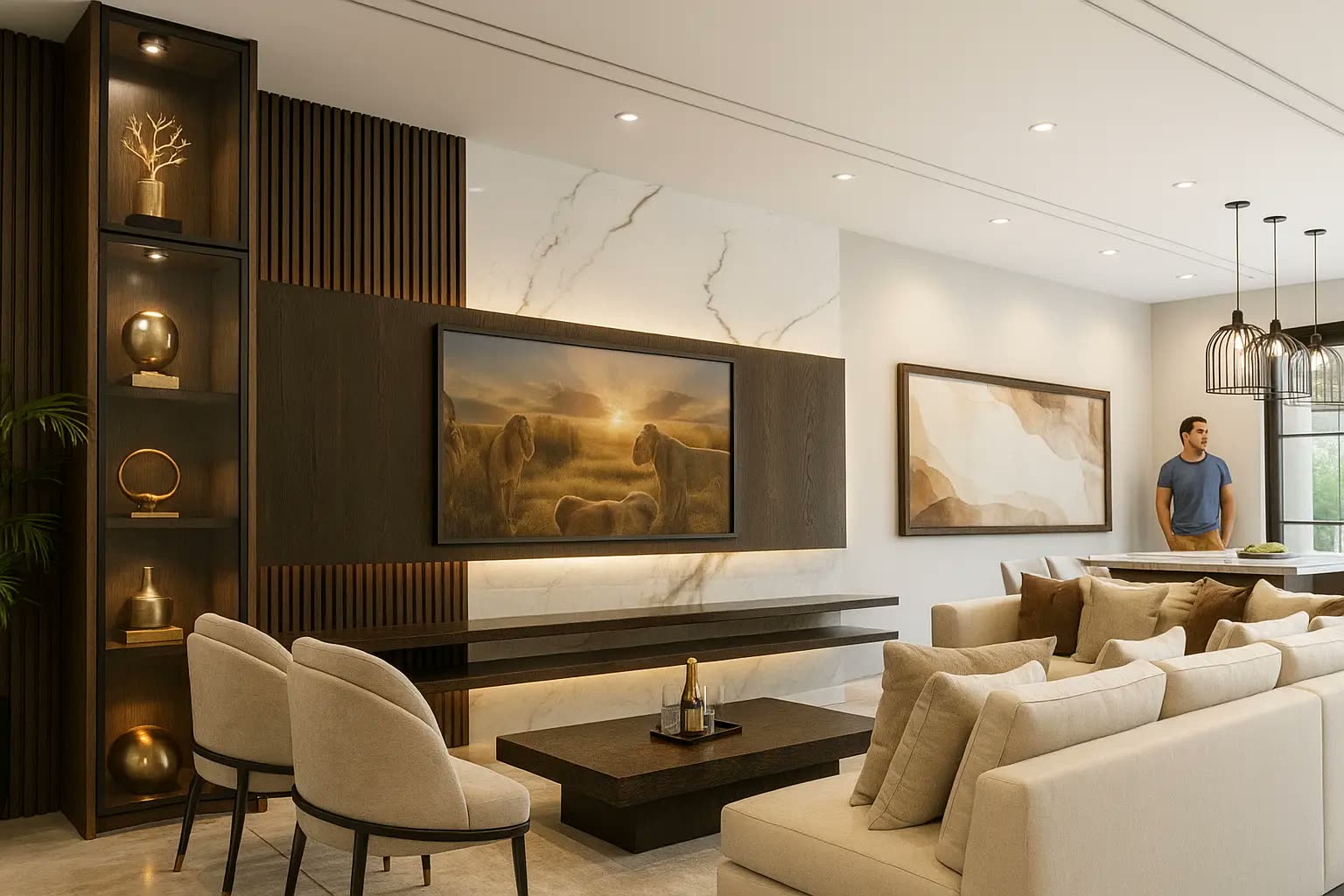 Living hall with dark fluted timber and marble TV feature wall, lit display shelving, beige sectional sofa and cage pendant lights — residential renovation Perak by Winss Enterprise, Lahat Ipoh